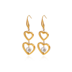 Fashion and Elegant Plated Gold Heart-shaped 316L Stainless Steel Earrings with Imitation Pearls