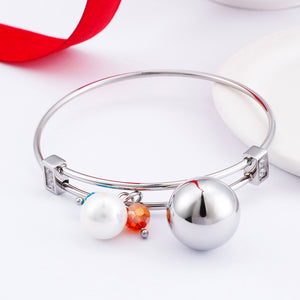 Fashion Simple Geometric Round Bead Cubic Zirconia 316L Stainless Steel Bangle with Imitation Pearl