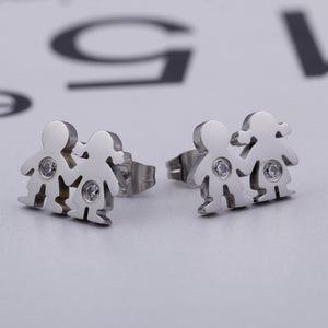 Simple Cute Couple Cartoon Character 316L Stainless Steel Earrings with Cubic Zirconia