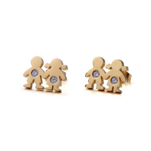 Simple and Cute Plated Gold Couple Cartoon Character 316L Stainless Steel Stud Earrings with Cubic Zirconia