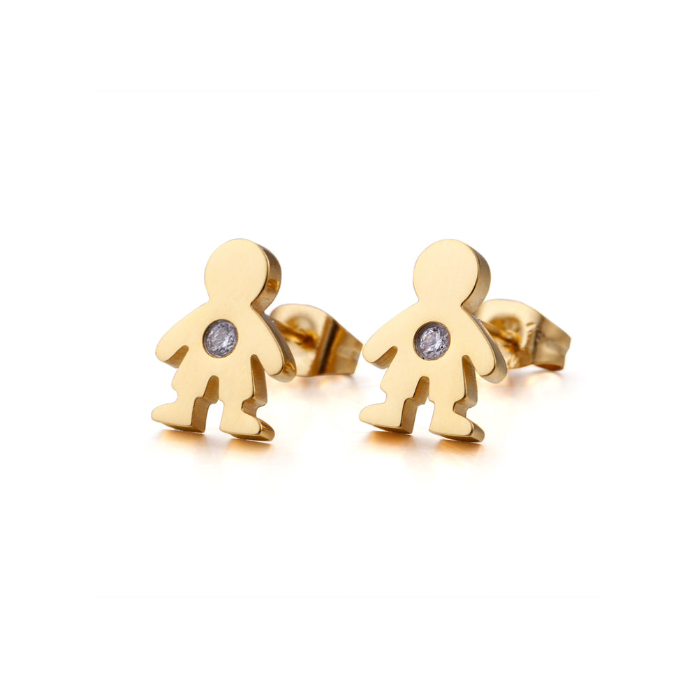 Simple and Plated Cute Gold Little Boy 316L Stainless Steel Stud Earrings with Cubic Zirconia