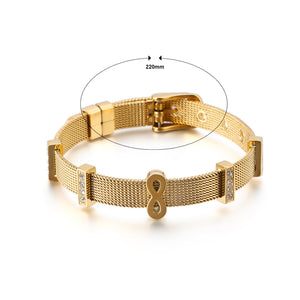 Fashion Personality Plated Gold Infinity Symbol Mesh Belt 316L Stainless Steel Bracelet with Cubic Zirconia