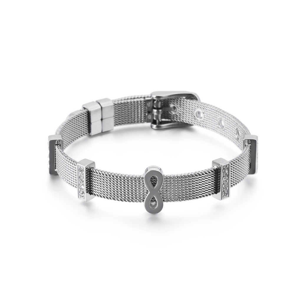 Fashion Personality Infinity Symbol Mesh Belt 316L Stainless Steel Bracelet with Cubic Zirconia