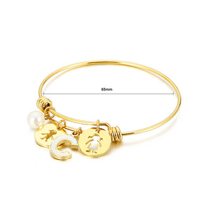 Fashion Creative Plated Gold English Alphabet C Round Cartoon Character 316L Stainless Steel Bangle with Imitation Pearls