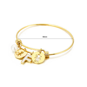 Fashion Creative Plated Gold English Alphabet F Round Cartoon Character 316L Stainless Steel Bangle with Imitation Pearls