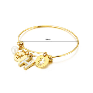Fashion Creative Plated Gold English Alphabet H Round Cartoon Character 316L Stainless Steel Bangle with Imitation Pearls