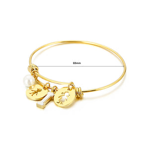Fashion Creative Plated Gold English Alphabet I Round Cartoon Character 316L Stainless Steel Bangle with Imitation Pearls