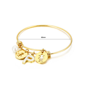 Fashion Creative Plated Gold English Alphabet P Round Cartoon Character 316L Stainless Steel Bangle with Imitation Pearls