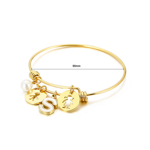 Fashion Creative Plated Gold English Alphabet S Round Cartoon Character 316L Stainless Steel Bangle with Imitation Pearls