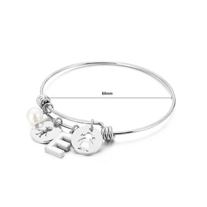 Fashion Creative English Alphabet E Round Cartoon Character 316L Stainless Steel Bangle with Imitation Pearls