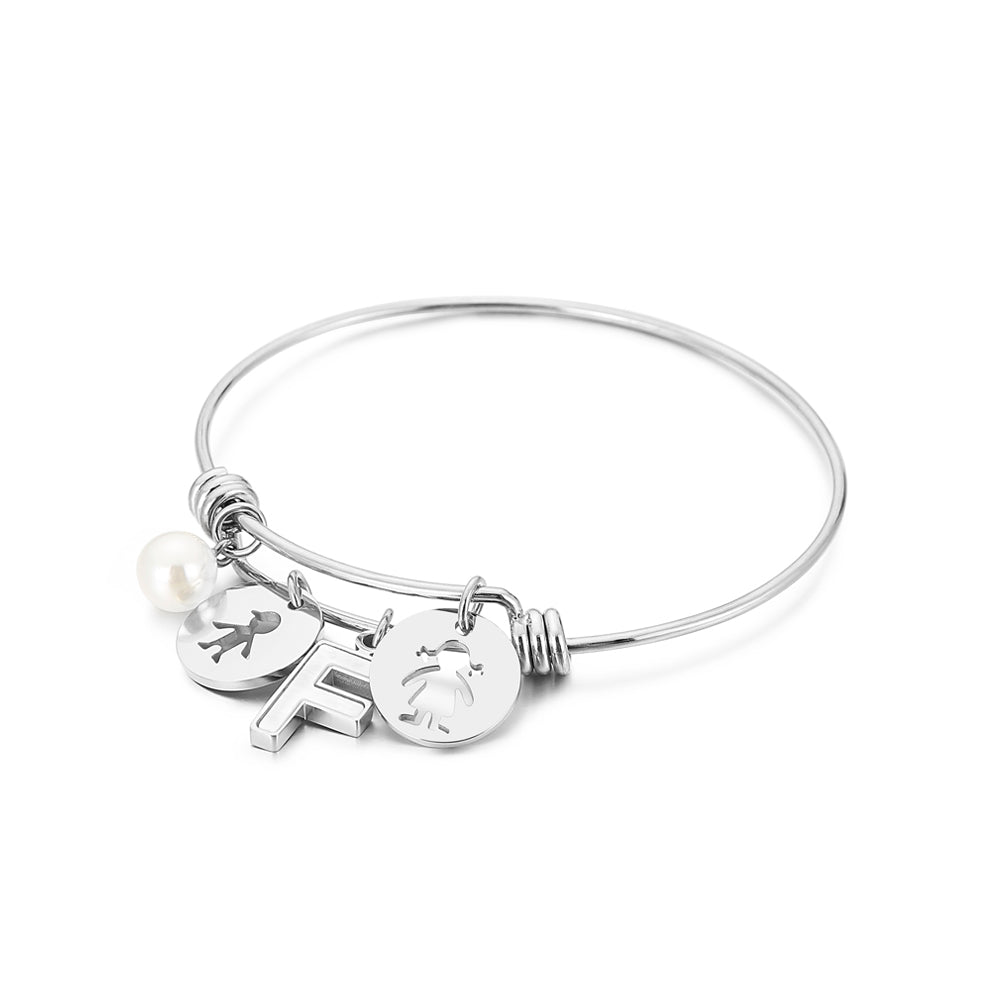 Fashion Creative English Alphabet F Round Cartoon Character 316L Stainless Steel Bangle with Imitation Pearls