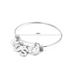 Fashion Creative English Alphabet S Round Cartoon Character 316L Stainless Steel Bangle with Imitation Pearls