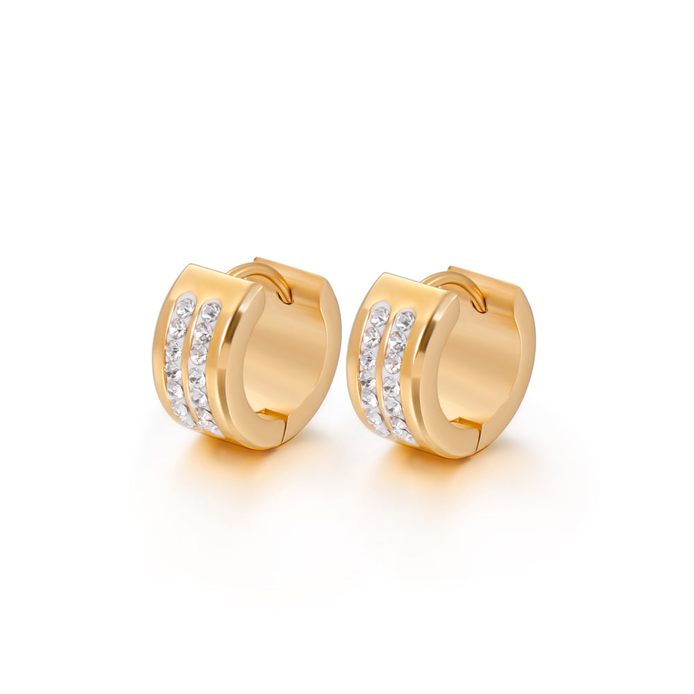 Simple Personality Plated Gold Geometric Round Double Row Cubic Zirconia 316L Stainless Steel Stud Earrings