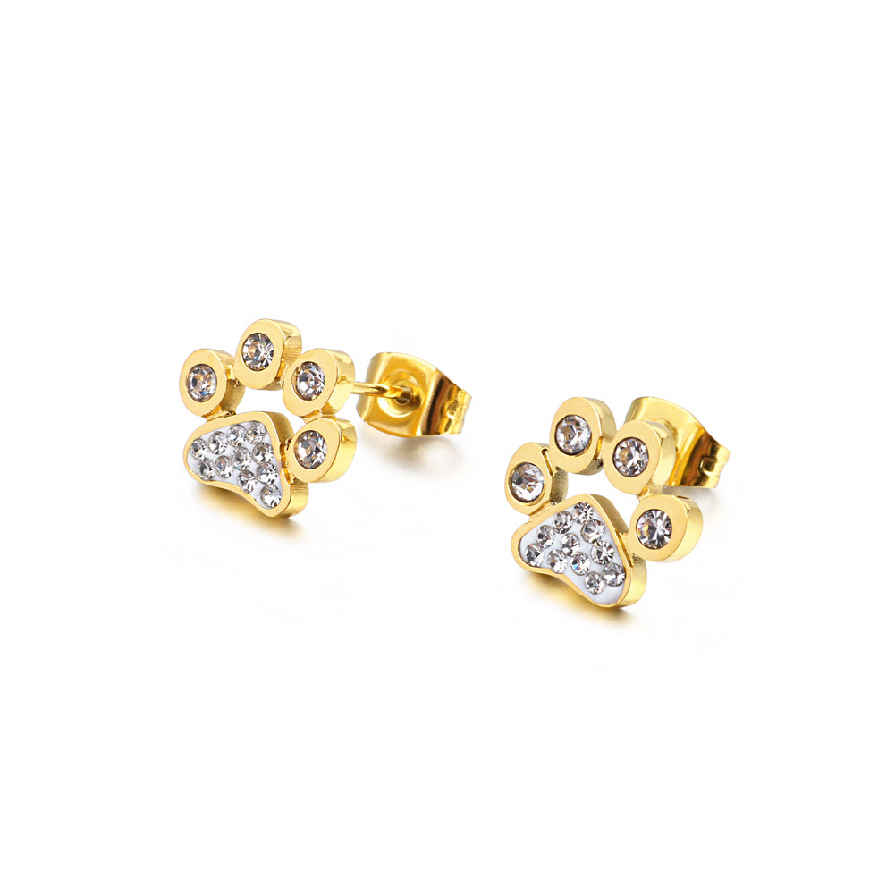 Simple and Cute Plated Gold Cat's Claw Footprint 316L Stainless Steel Stud Earrings with Cubic Zirconia