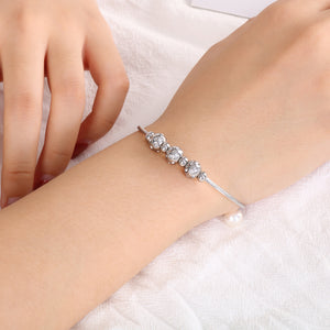 Fashion and Simple Geometric Round Beads Cubic Zirconia 316L Stainless Steel Bangle with Imitation Pearls