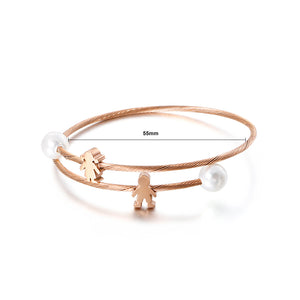Fashion Simple Plated Rose Gold Couple Cartoon Character Imitation Pearl 316L Stainless Steel Bangle