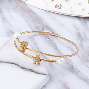 Fashion Simple Plated Gold Couple Cartoon Character Imitation Pearl 316L Stainless Steel Bangle