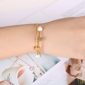 Fashion Simple Plated Gold Couple Cartoon Character Imitation Pearl 316L Stainless Steel Bangle
