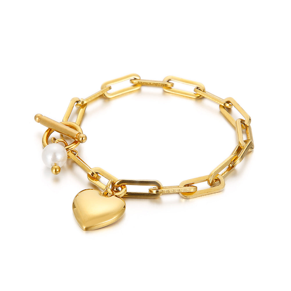 Fashion and Simple Plated Gold Heart-shaped 316L Stainless Steel Bracelet with Imitation Pearls