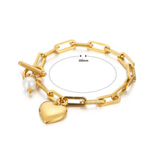Load image into Gallery viewer, Fashion and Simple Plated Gold Heart-shaped 316L Stainless Steel Bracelet with Imitation Pearls