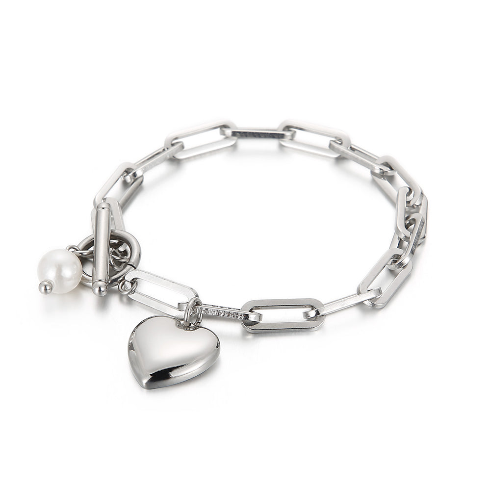 Fashion and Simple Heart-shaped 316L Stainless Steel Bracelet with Imitation Pearls