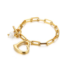 Load image into Gallery viewer, Simple and Romantic Plated Gold Hollow Heart-shaped 316L Stainless Steel Bracelet with Imitation Pearls