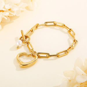 Simple and Romantic Plated Gold Hollow Heart-shaped 316L Stainless Steel Bracelet with Imitation Pearls