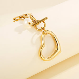 Simple and Fashion Plated Gold Heart-shaped 316L Stainless Steel Pendant with Imitation Pearls and Necklace