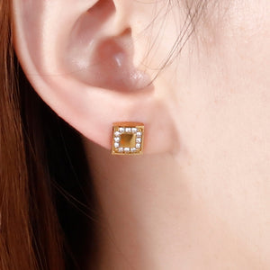 Simple and Fashion Plated Gold Geometric Square 316L Stainless Steel Stud Earrings with Cubic Zirconia