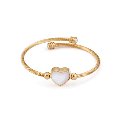 Simple and Fashion Plated Gold Heart-shaped Shell 316L Stainless Steel Bangle with Cubic Zirconia
