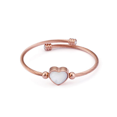 Simple and Fashion Plated Rose Gold Heart-shaped Shell 316L Stainless Steel Bangle with Cubic Zirconia