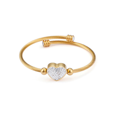 Fashion Bright Plated Gold Heart-shaped 316L Stainless Steel Bangle with Cubic Zirconia