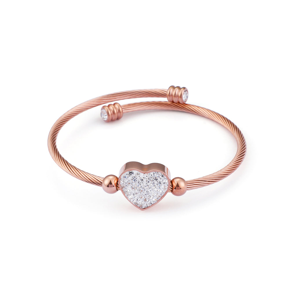Fashion Bright Plated Rose Gold Heart-shaped 316L Stainless Steel Bangle with Cubic Zirconia