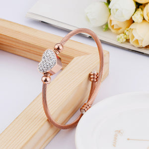 Fashion Bright Plated Rose Gold Heart-shaped 316L Stainless Steel Bangle with Cubic Zirconia