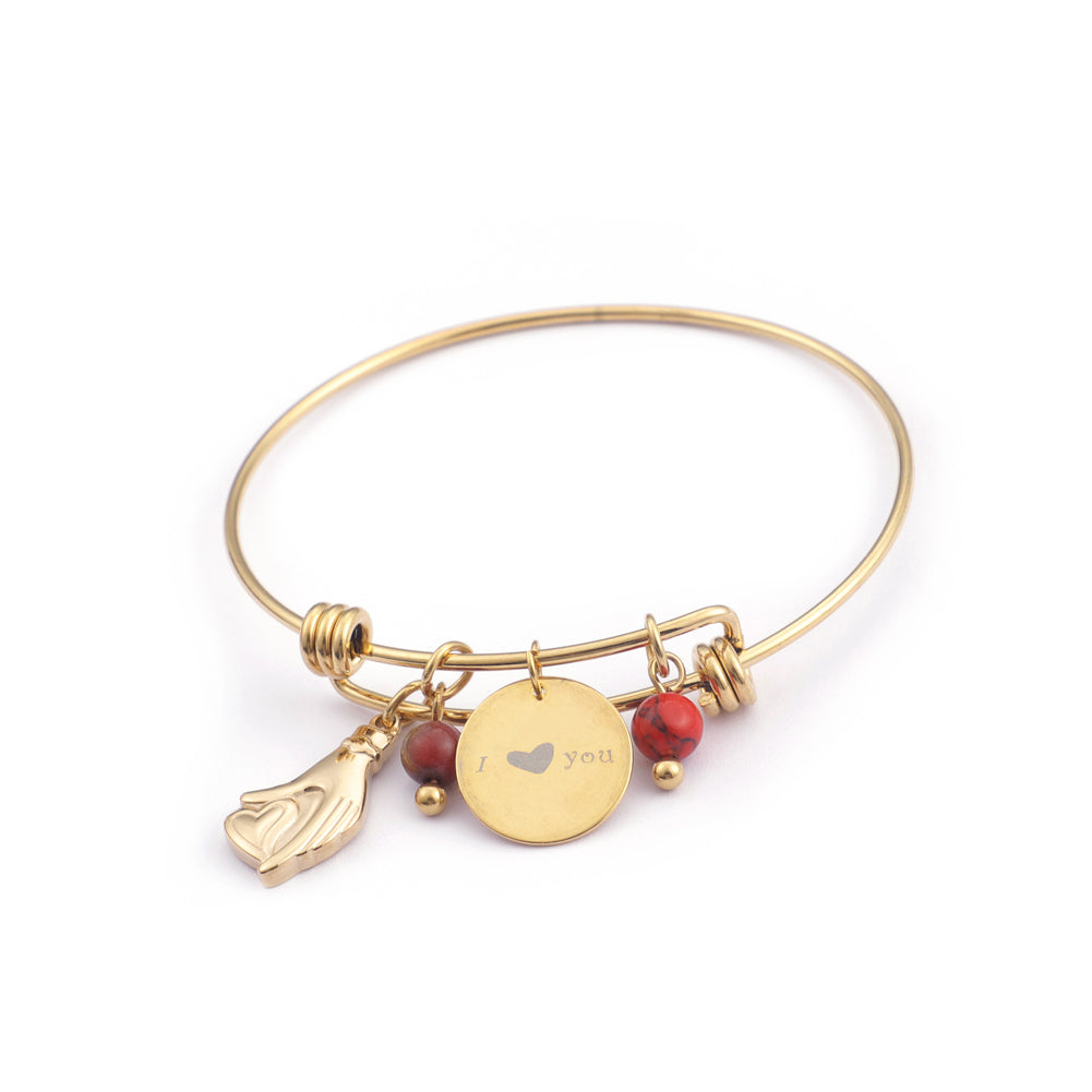 Simple and Romantic Plated Gold Geometric Round Love Heart 316L Stainless Steel Bangle