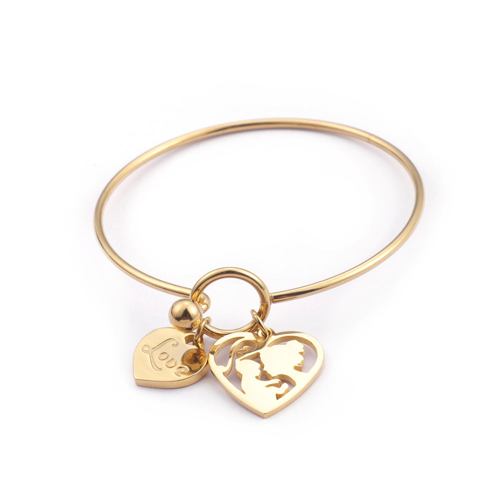 Simple and Elegant Plated Gold Heart-shaped Mother and Child Cartoon Character 316L Stainless Steel Bangle