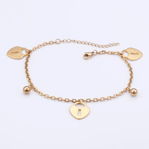 Fashion and Simple Plated Gold Heart-shaped Lock Round Bead 316L Stainless Steel Anklet