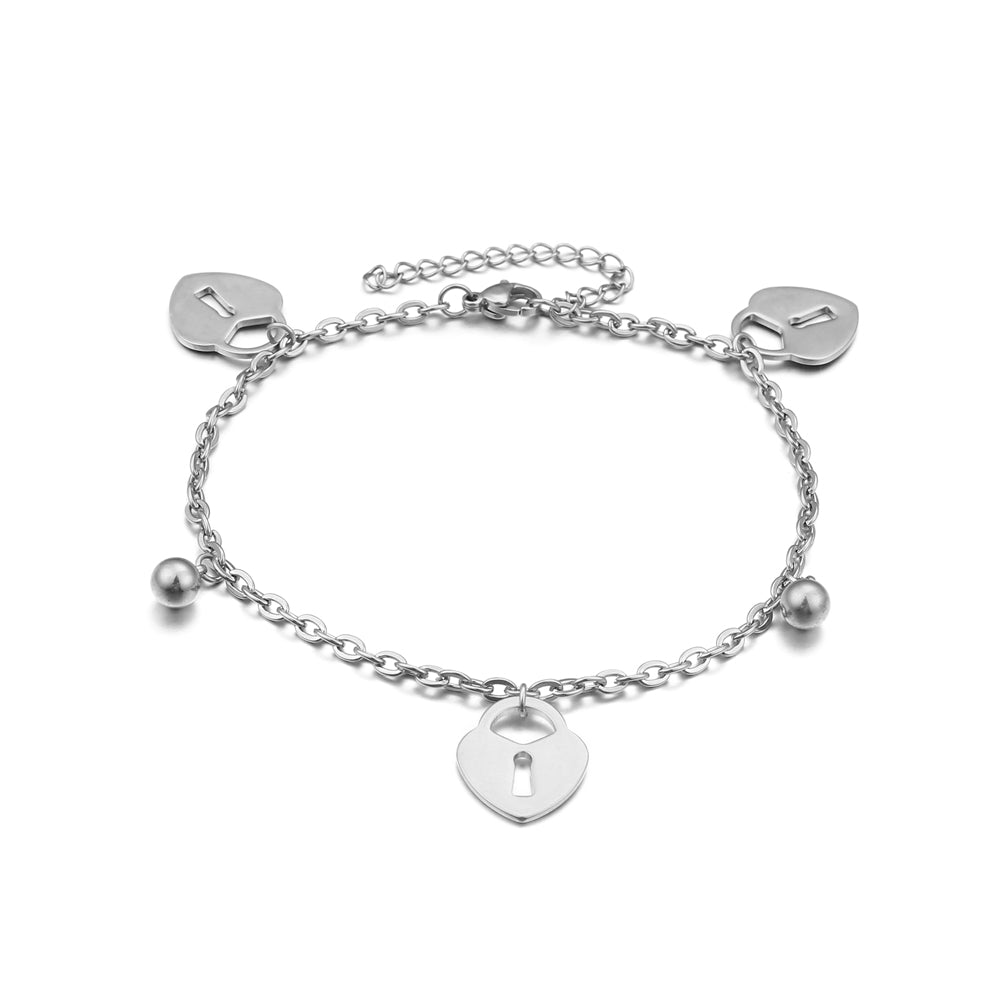 Fashion and Simple Heart-shaped Lock Round Bead 316L Stainless Steel Anklet