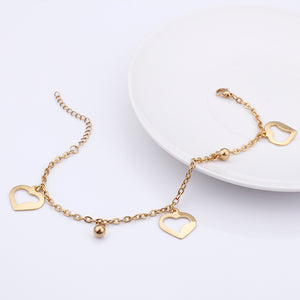 Simple and Romantic Plated Gold Heart-shaped Round Bead 316L Stainless Steel Anklet