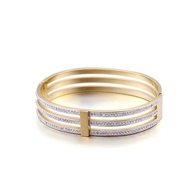 Fashion Personality Plated Gold Geometric Three-layer 316L Stainless Steel Bangle with Cubic Zirconia