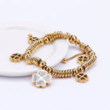 Load image into Gallery viewer, Fashion and Elegant Plated Gold Four-leafed Clover Beaded 316L Stainless Steel Bracelet with Cubic Zirconia