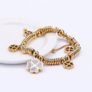 Fashion and Elegant Plated Gold Four-leafed Clover Beaded 316L Stainless Steel Bracelet with Cubic Zirconia