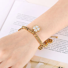 Load image into Gallery viewer, Fashion and Elegant Plated Gold Four-leafed Clover Beaded 316L Stainless Steel Bracelet with Cubic Zirconia