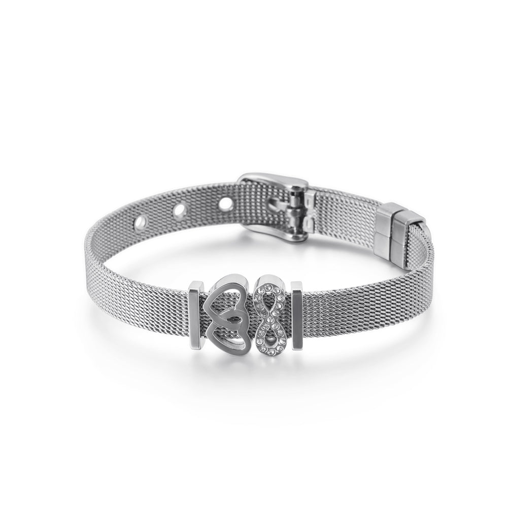 Fashion and Elegant Heart-shaped Infinity Symbol Mesh Belt 316L Stainless Steel Bracelet with Cubic Zirconia