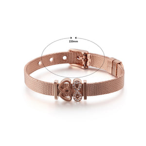 Fashion and Elegant Plated Rose Gold Heart-shaped Infinity Symbol Mesh Belt 316L Stainless Steel Bracelet with Cubic Zirconia