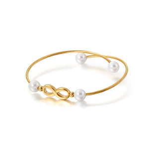 Simple and Fashion Plated Gold Infinity Symbol 316L Stainless Steel Bangle with Imitation Pearls