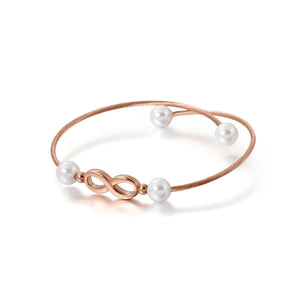 Simple and Fashion Plated Rose Gold Infinity Symbol 316L Stainless Steel Bangle with Imitation Pearls