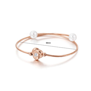 Simple and Romantic Plated Rose Gold Rose 316L Stainless Steel Bangle with Cubic Zirconia and Imitation Pearls