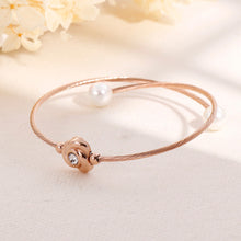 Load image into Gallery viewer, Simple and Romantic Plated Rose Gold Rose 316L Stainless Steel Bangle with Cubic Zirconia and Imitation Pearls