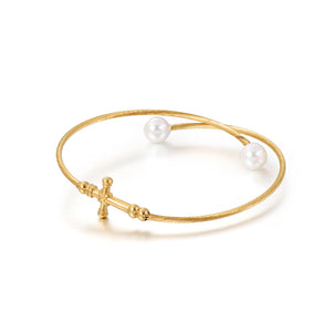 Fashion Classic Plated Gold Cross 316L Stainless Steel Bangle with Imitation Pearls
